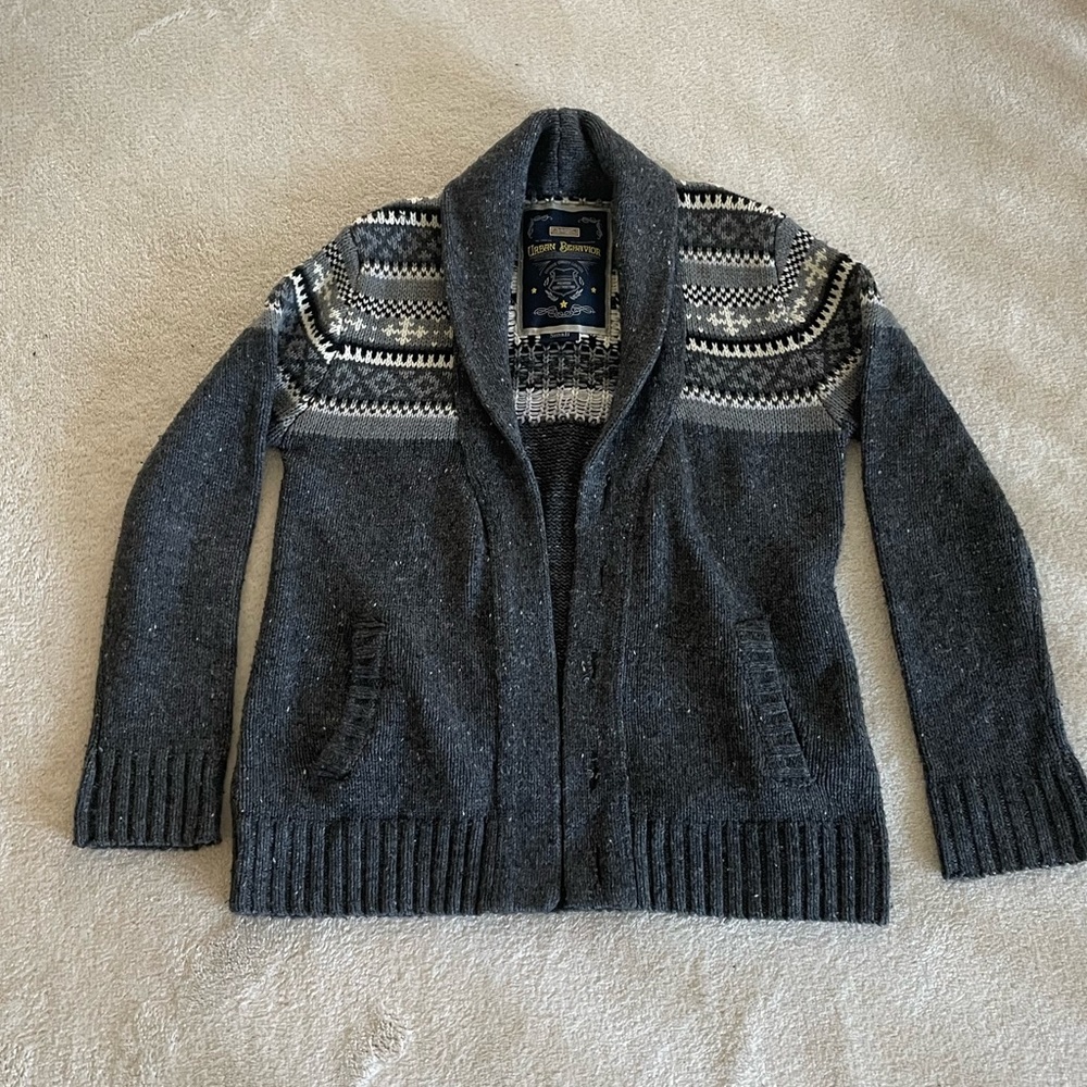 Vintage Grey Nordic shawl collar cardigan sweater